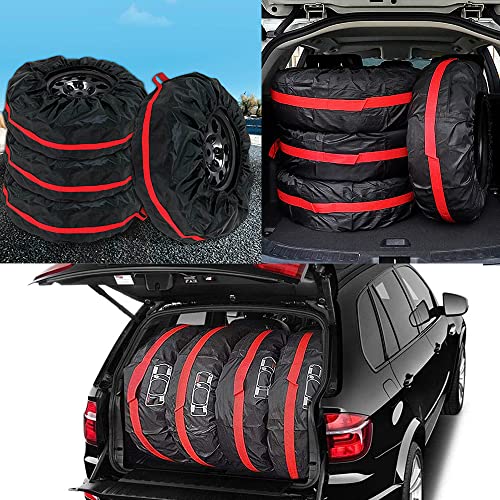 Image of Tire Cover 4pcs Skyour Adjustable Waterproof Seasonal Spare Car Wheel Tire Storage Bag Tote Protective Cover Dustproof Tire Tote Wheel Protector Covers with 4pcs Wheel Felts (Red, L)