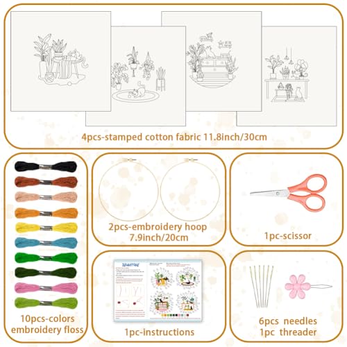 Image of BEUNITONE Kitten Embroidery Kit for Beginenrs Hand Sewing Embroidery Kits with Cat Pattern DIY Embroidery Kit with Kitten Colourful Threads Needles Instructions