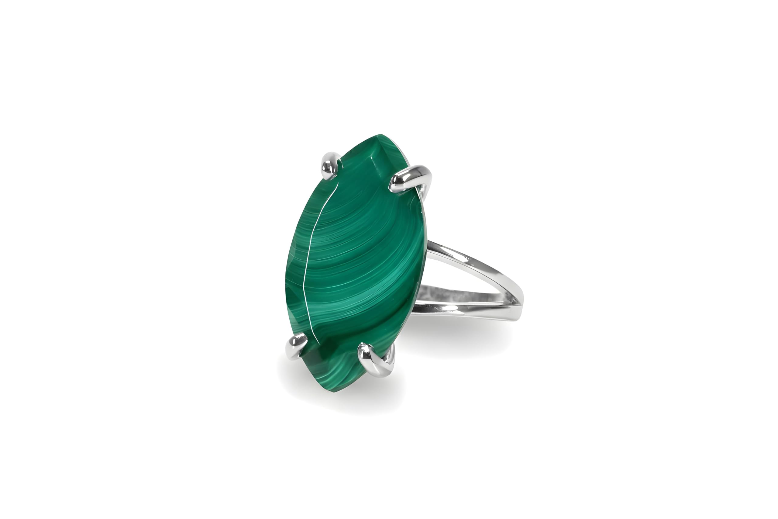 Malaquita de Plata - Anillo Marquesa en Plata de Ley 925 - Joyería Hecha a Mano para Mujer - Accesorio de Fiesta Boda Casual Statement - Talla y Grabado a Medida - con Caja de Regalo