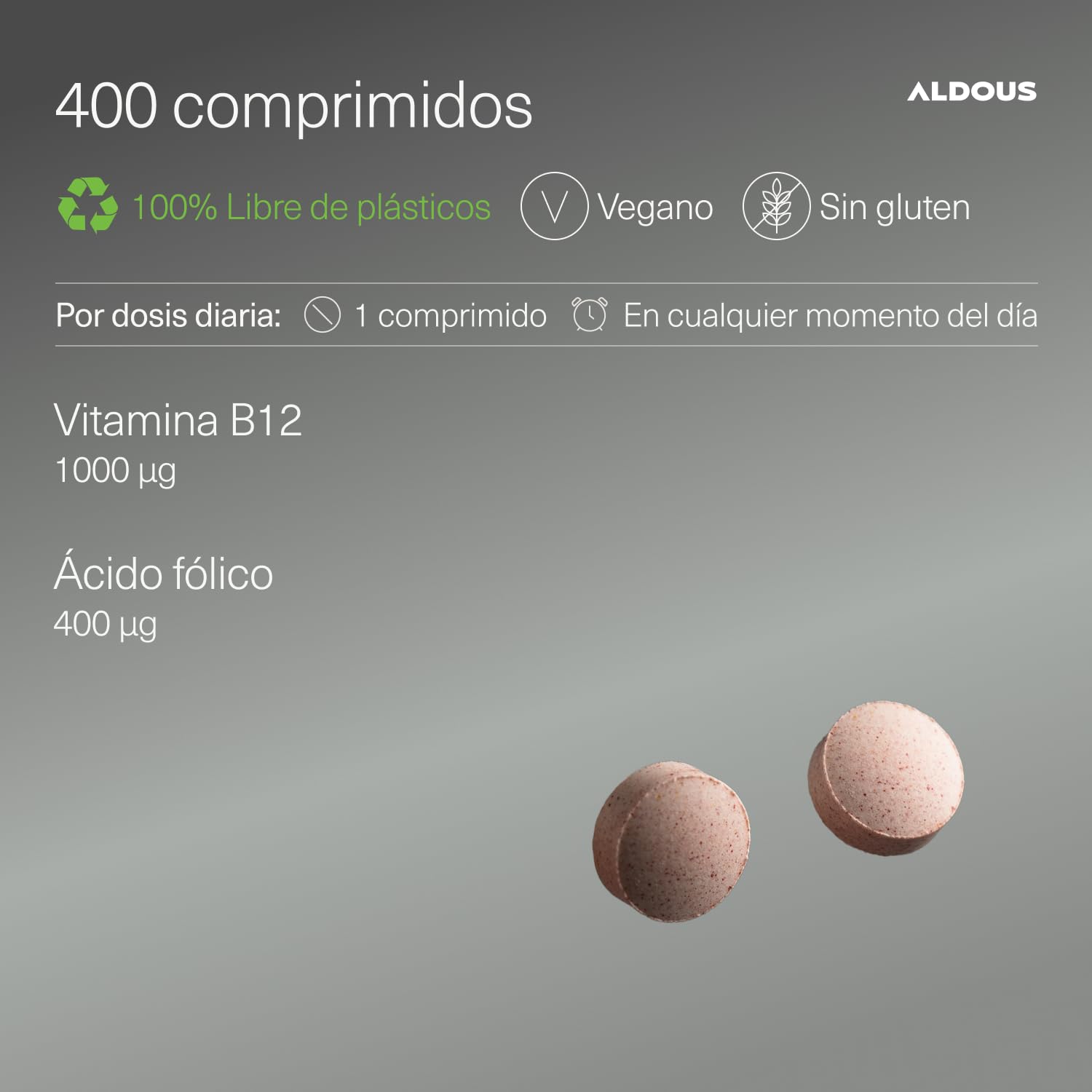 Vitamina B12 1000 mcg y Ácido Fólico 400 mcg - 400 comprimidos - Más de 1 Año - Metilcobalamina - Vitamina B12 Vegana + Vitamina B9 - para el Cansancio y Fatiga - Sistema inmunológico - ALDOUS