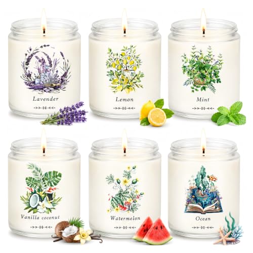 6 Pack Scented Candles Gift Set for Women, Soy Wax Jar Candles for Home, 37.8 oz Total Up to 300 Hours Burn Time, Fresh Scents, Lavender Lemon Mint Ocean Watermelon Vanilla Coconut