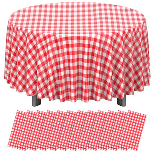 Image of 12 Pack Red and White Plastic Checkered Tablecloth Round, Premium Decorative Disposable Red Gingham Plaid Table Cloths for Parties, Round Party Table Cover for Picnic Farm Birthday Wedding, 84 Inch
