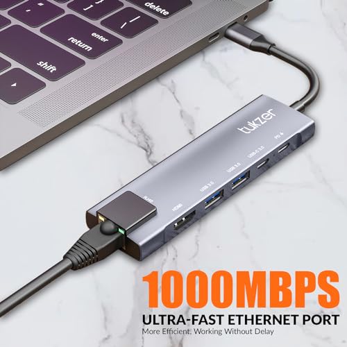 Image of Tukzer 6-in-1 Type-C Hub to HDMI 4K@30Hz, 2 USB 3.0 Data, USB-C 3.0 Data, 100W PD with 1000M Ethernet RJ45, MultiPort Adapter Compatible with MacBook Pro Air iPad, Dell, Other Type-C Device