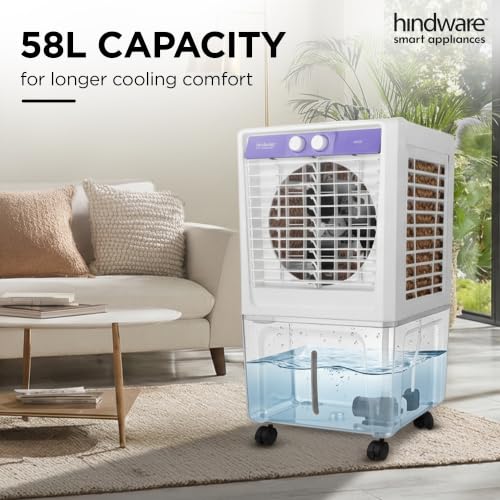 Image of Hindware Smart Appliances Xeno 58L Personal Air cooler | Fan Based | 13 Inc. Fan Blade and Ice Chamber | White & Lavender