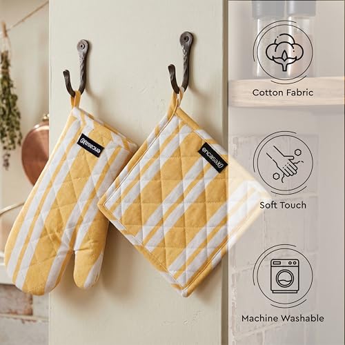 Image of Encasa XO Heat Resistant 100% Cotton Oven Glove & Potholder Set with Loop, Kitchen Cooking Mittens, Microwave Safe Hot Pads (Franca Yellow Stripes)