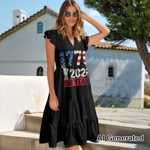 Image of Womens Summer Dress Ruffle Sleeve V Neck Dress Casual Fit Flowy Beach Vacation Sundress with Pocket S-2XL