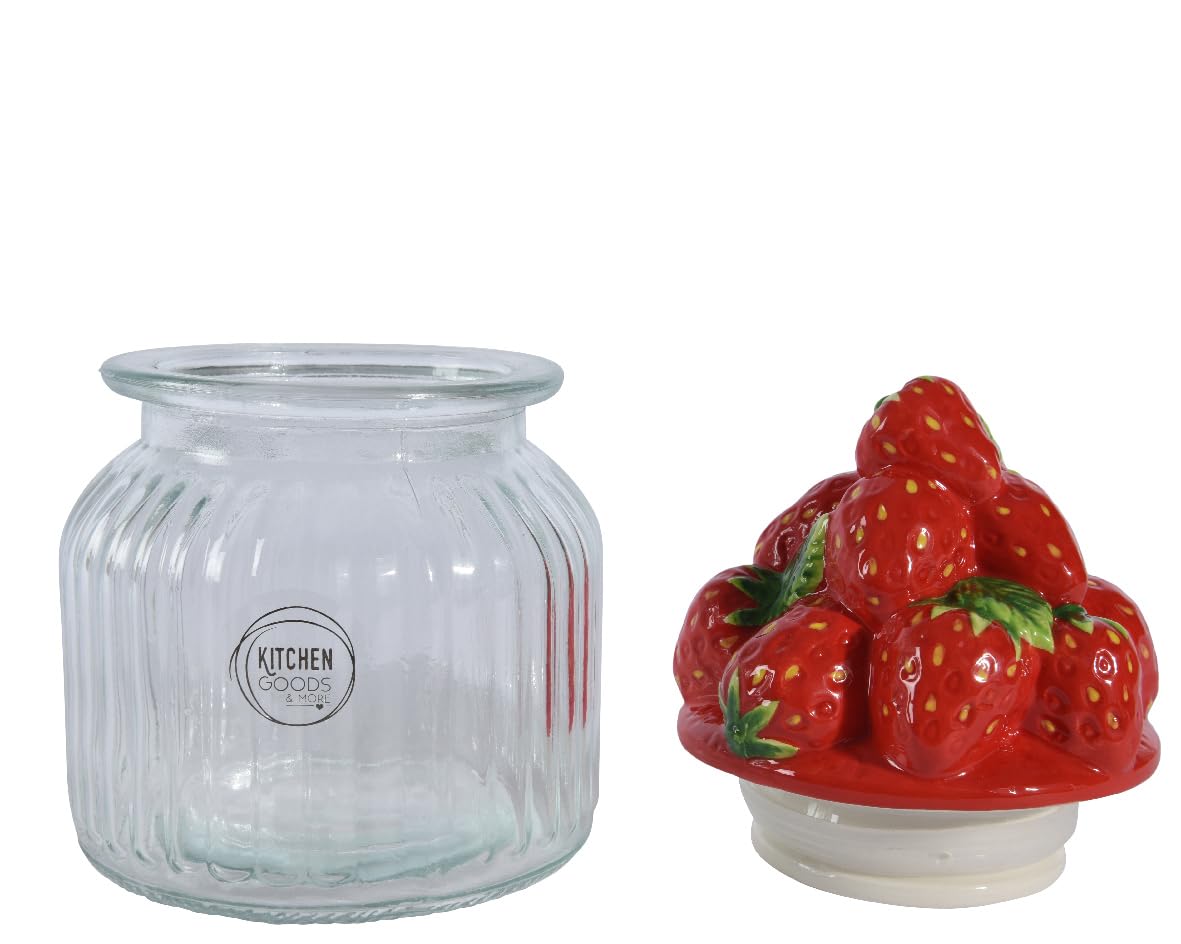 Bocal En Verre Avec Couvercle En Céramique De 19 Cm – Bocal De Conservation Avec Couvercle En Forme De Fraise Rouge Transparent – Bocal De Rangement