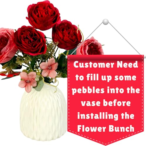 Image of Dekorly Artificial Peony Flowers Bunch | White Vase with Flowers Bunch | Artificial Plants for Home Office Hotel Decor | Bedroom Living Room Bathroom Decor (Red, Height : 30CM)