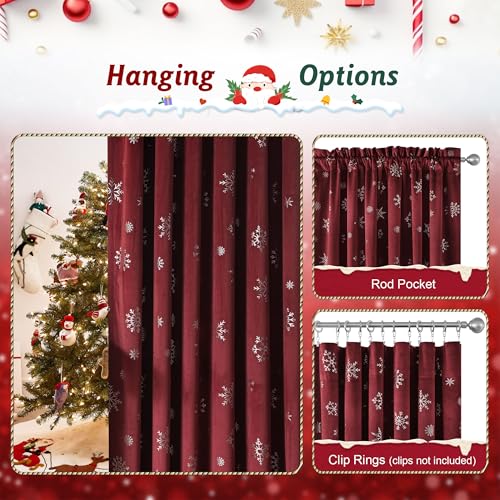 Image of Beauoop Christmas Red Velvet Curtains 96 Inches Long 2 Panels for Bedroom Living Room Silver Snowflake Holiday Decor Burgundy Thermal Insulated Room Darkening Rod Pocket Window Treatments Drapes 52X96