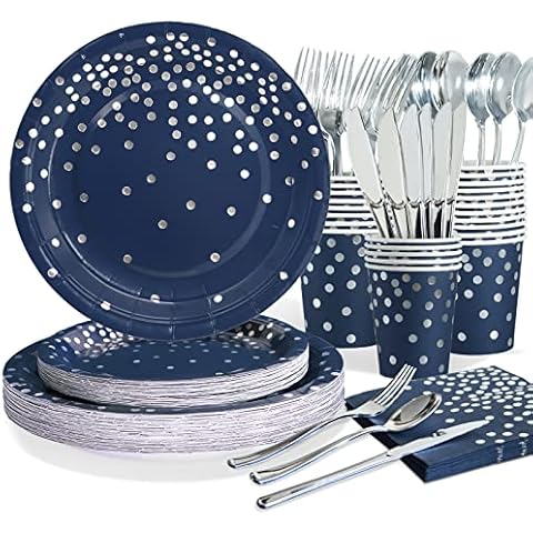 Gudvilla Blue and Silver Party Decorations, Navy Blue Plates and Napkins Party Supplies 168Pcs, Blue Paper Plates, Birthday Plates Serve 24, for Retirement Baby Shower Holiday Party, Hanukkah Plates Cover