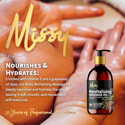 Missy Revitalising Massage Oils for Date Night - Luxurious Blend - Peppermint, Eucalyptus & Orange Essential Oils, Enriched with Vitamin E & Grapeseed Oil, Hydrates & Enhances Skin 250ml Pump Bottle