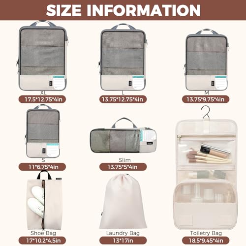 Image of BAGAIL 4 Set /6 Set /8 Set Compression Packing Cubes Travel Accessories Expandable Packing Organizers (Half Mesh, 8-Beige)