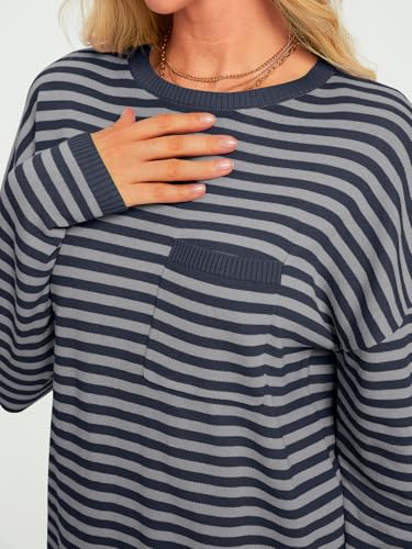 Image of LILLUSORY Womens Striped Soft Knit Pullover Sweater Loose Fit Shirts with Chest Pocket