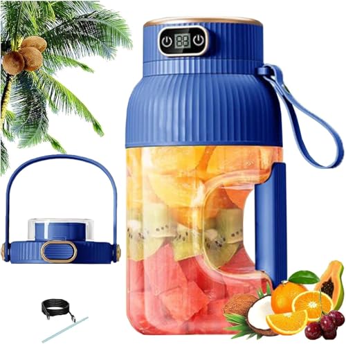 Vaso Exprimidor Portátil Multifuncional con Pantalla Digital, Batidora Portátil para Llevar, Batidora Portátil De Gran Capacidad Recargable por USB, para Batidos Y Smoothie, Blue, 26x11cm