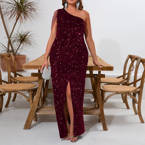 Image of Cololura Women Sequin Elegant Sexy One Shoulder Tassel Mermaid Bodycon Cocktail Evening Dress