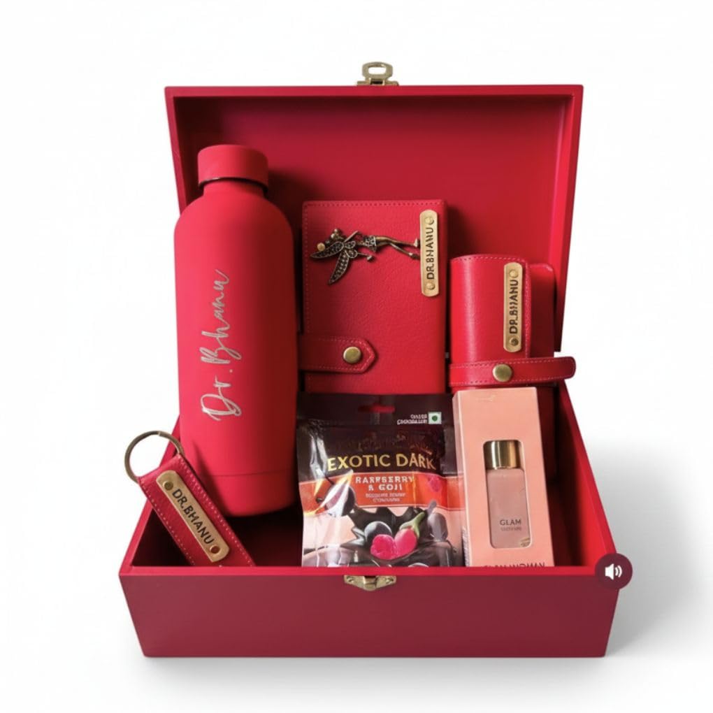 Customizable Gift Hamper for Women | Personalized Bottle, Wallet, Sunglasses Cover, Keychain, Perfume & Chocolate Combo | Premium Birthday & Anniversary Gift for Her (Red)-image-45
