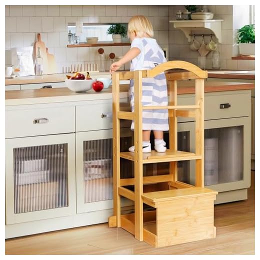 IPOW Learning Tower for Toddlers, Adjustable Height Kids Step Stool - Bamboo Kitchen Bathroom Counter Helper Montessori Stool Learning Furniture Standing Baking Tower with Safety Rail