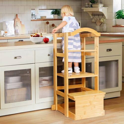 Image of IPOW Learning Stool Toddler Tower, Adjustable Height Kids Step Stool - Bamboo Kitchen Bathroom Counter Helper Montessori Stool Learning Furniture Standing Baking Tower with Safety Rail
