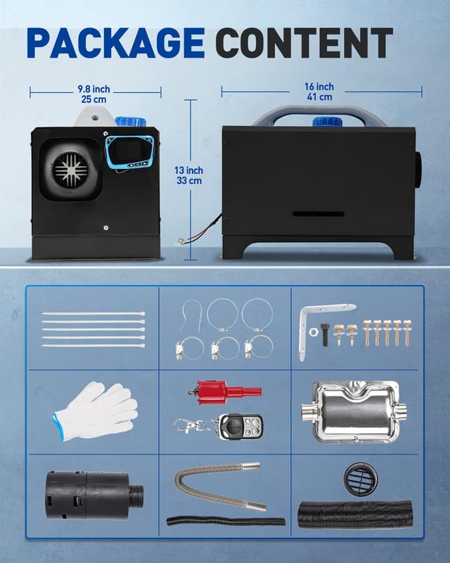 Chauffage de stationnement diesel tout-en-un 8 kW 12 V avec silencieux, interrupteur LCD et télécommande pour camions, bateaux, remorques, voitures de tourisme, camping-cars et fourgons aménagés (no