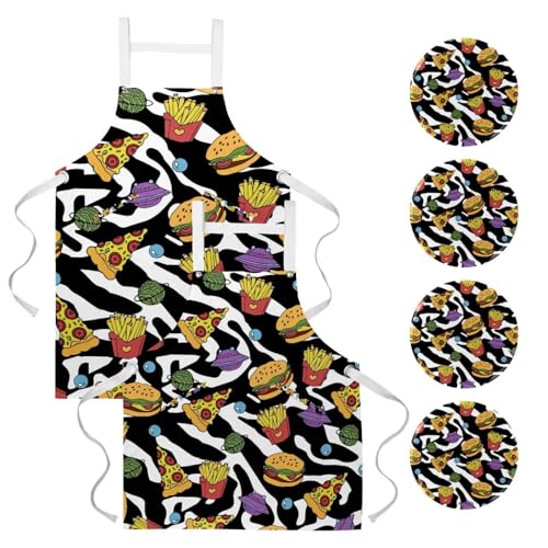 Lot de 2 tabliers de cuisine avec motifs pizza et burger pour la restauration et maison
