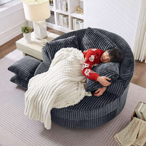 KINFFICT 360-Degree Swivel Round Chair, 50” Oversized Cloud Barrel Corduroy