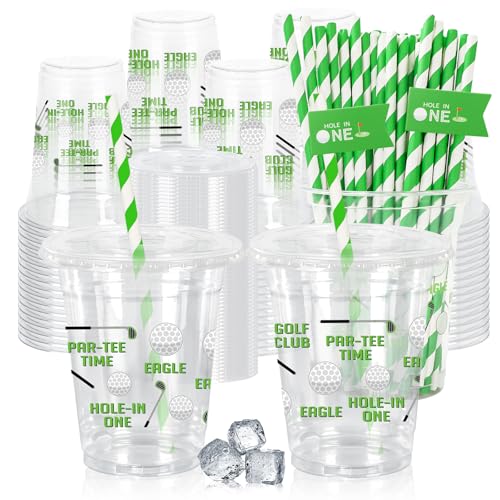 JarThenaAMCS 50Pcs Golf Plastic Cups with Lids Straws 12oz White Green Golf Clear Plastic Cups Sport Theme Disposable Cup for Birthday Baby Shower Supplies