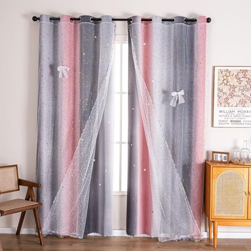 Image of 52x95 Mix & Match Double Layer Laser-Cut Stars Gradient Blackout Curtains with Foil Print Sheer, 2 Panels Set - Gradient Grey Pink