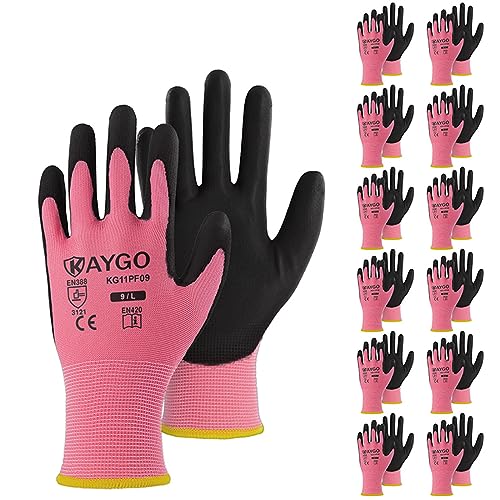 Image of KAYGO Work Gloves for Men and Women,12 Pairs Seamless Knit PU Coated Safety Gloves, with Smooth Grip on Palm and Fingers, Ideal for Light Warehouse, Manufacturing, Gardening, KG11P (L,Pink)