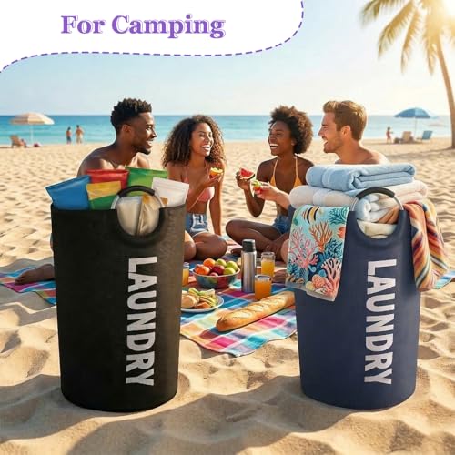 Image of Set of 2 Collapsible Laundry Basket 125L, Tall Laundry Hamper with Comfort Handle, Freestanding Storage Bin for Family, Apartments, Dorm,Black + Navy Blue