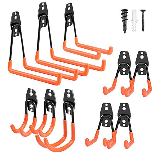 Garage Hooks Heavy Duty, HORUSDY 10-Pack Steel Garage Storage Hooks Utility Double Hooks for Organizing Power Tools, Ladders, Bikes, Bulk Items