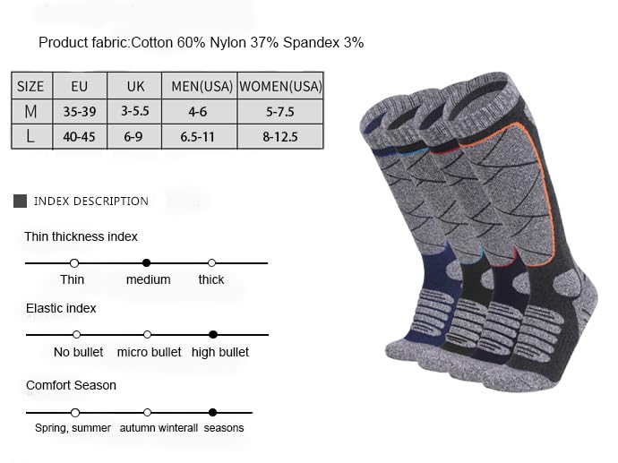 DAISHA 3 Pair Women's Outdoor Thickened Knee High Ski Cotton Socks,Breathable Sweat-Absorbing Anti Slip Sports Socks.
