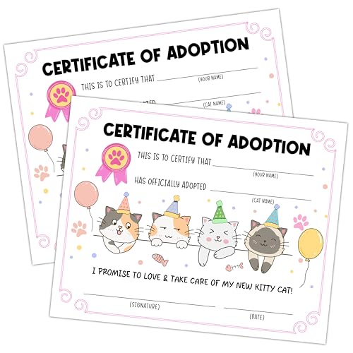 Pet Certificates of Adoption, 10 Pcs Watercolor Adoption Certificate, Adopt A Cat Certificate for Girl Boy, Kitten Party Supplies & Favors, Adoption Decorations for Pet Birthday Party -15 Deal