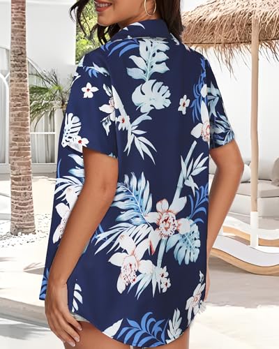 Image of Women Hawaiian Shirt Button Down Summer Tops Beach Short Sleeve Blouse