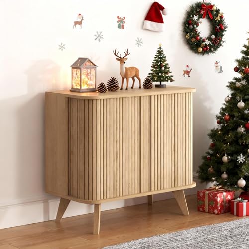 VERTOXIA Fluted Sideboard Buffet Cabinet with Storage, 27” Curvy Edge Accent Storage Cabinet with Sliding Doors & Shelves, Modern Sideboard Credenza Console for Kitchen, Living Room, Entryway, Oslo