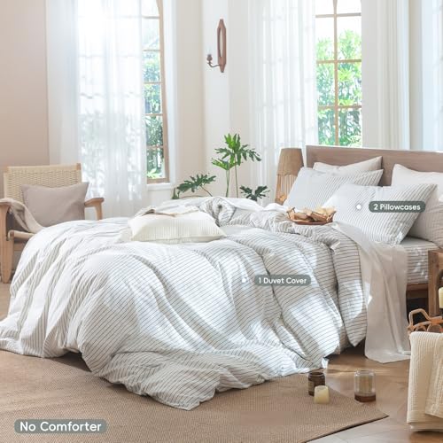Image of MooMee Striped Duvet Cover Set 100% Washed Cotton Linen Like Oversized King | Relaxed Linen-like Texture. Soft, Breathable & Long-lasting Comfort. Lightweight. Hidden Zipper with 8 Interior Corner Ties