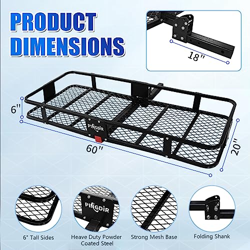 Image of PINGDIR Folding Hitch Mount Cargo Carrier Hitch Rack Basket 60 inch*21.5 inch*6 inch Hauling Weight Capacity of 500 Lbs, Waterproof Cargo Bag 58 inch 19 inch 24 inch, with Hitch Stabilizer,Cargo Net and Ratchet Straps
