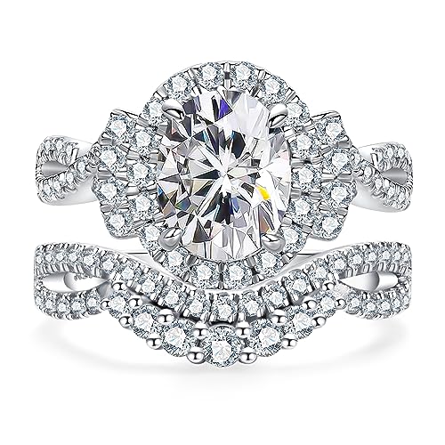 CannyCat Oval Cut Moissanite Cathedral Wedding Ring Sets for Women Infinity 3.15 CTTW Moissanite Bridal Set Platinum-Plated Sterling Silver Engagement Ring Curved Guard Enhancers (size-7)