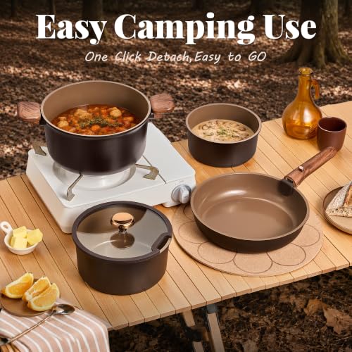 CAROTE 24Pcs Ceramic Cookware Set with Detachable Handle, Non-Toxic Pots and Pans Set Nonstick, Dishwasher/Oven Safe Non Stick Pot and Pan, Kitchen, Camping Use Cooking Set, All Stoves Compatible - Image 5