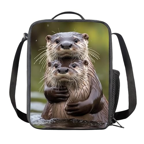 Dellukee Lunch Box for Boys Girls Otter Print Lightweight Lunch Bag for Kids Insulated Lunch Box with Shoulder Strap and Bottle Holder