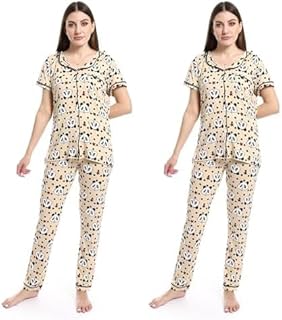 سيزر طقم بيجامة للنساء بتصميم بنطلون وازرار، متعدد الالوان، مقاس L (عبوة من قطعتين)