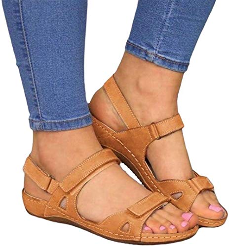 ALOVEWE Women's Orthopedic Open Toe Leather Sandals, Premium Comfy Hook and Loop Closure