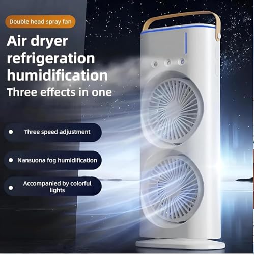 Image of Drumstone (𝗡𝗲𝘄 𝗘𝗱𝗶𝘁𝗶𝗼𝗻 + 𝟱-𝗬𝗿 𝗪𝗮𝗿𝗿𝗮𝗻𝘁𝘆 4000mAh Double Spray Mist Fan with LED Light - USB Rechargeable Mini Air Cooler - 3 Speeds & 3 Spray Modes - Remote Control & 280ml Tank