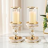 Pillar Candle Holder with Tempered Glass Panels, Hurricane Candle Stand for centerpiece, crystal decoration for table, wedding, fireplace, party (Gold, Tall, 2pcs)