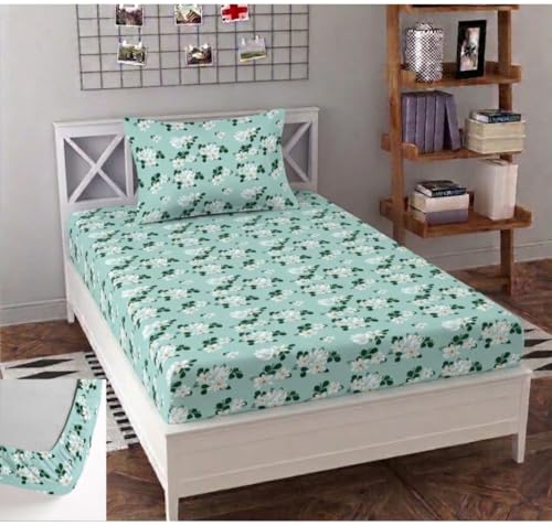 Soniasaa 250 TC Glace-Cotton All Around Elastic Fitted Bedsheet, Elastic Fitted Bedsheet Single Size Bedsheet for Single Bed with 1 Pillow Cover, Size - 72 x 36 x 8 Inch Color