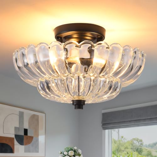 Image of Semi Flush Mount Ceiling Light, 11.8 Inch Black Vintage Hallway Light Fixture with Transparent Glass, Close to Ceiling Light for Bedroom Kitchen Living Room Bathroom Foyer, E26 Base