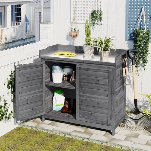 Patiogardenpottingbenchtableoutdoorstoragecabinetweatherproofgardenworkbenchwithdoubledoors2tierstoragecabinetsidehookworkstationtablepatiobackyardporchgrey Urban Country Home Decor Patio garden potting bench table outdoor storage cabinet weatherproof garden work bench with double doors 2 tier storage cabinet side hook work station table patio backyard porch grey urban country home decor