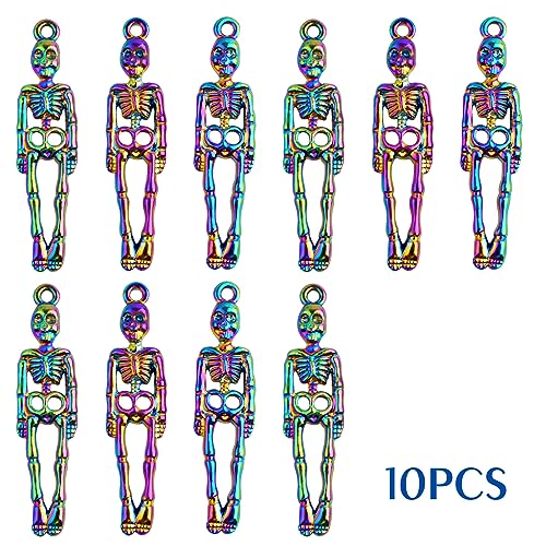 Hmjpng 10pcs Rainbow Color Skeleton Body Skull Head Charms Alloy Skull Skeleton Body Bone Dangle Pendants Craft Supplies for Bracelet Necklace Jewelry Making Halloween Decor