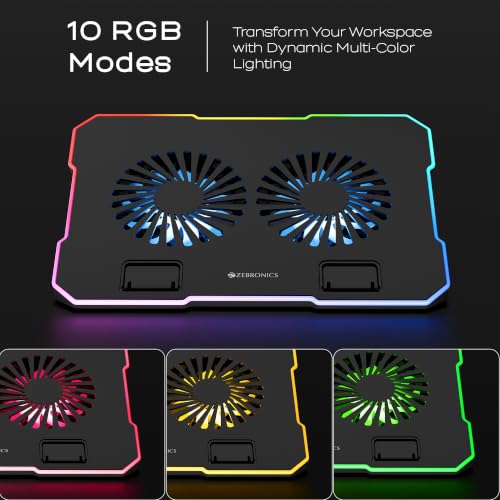 Image of Zebronics NC6800 Laptop Cooling Pad, Dual 120mm Fans, Up to 17-Inch Laptop Support, 65 CFM Airflow, 10 RGB Modes, 5-Level Adjustable Stand, Dual USB Hub, Fan Speed Control, Anti-Slip Pads (Black)
