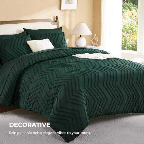 Image of Litanika Full Size Comforter Set with Sheets Dark Emerald Green - 7 Pieces Bed in a Bag Full Chevron Tufted Complete Bedding Sets with Comforter, Sheets, Pillowcases & Shams