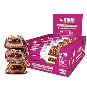 MaxiNutrition Creamy Core Bar Haselnuss-Nougat, 12x45g Filled-Protein-Riegel, 32% Eiweißgehalt 14g je Riegel, low Sugar (1,5g), ohne Zuckerzusatz, ohne künstliche Aromen, Born & Developed in Germany
